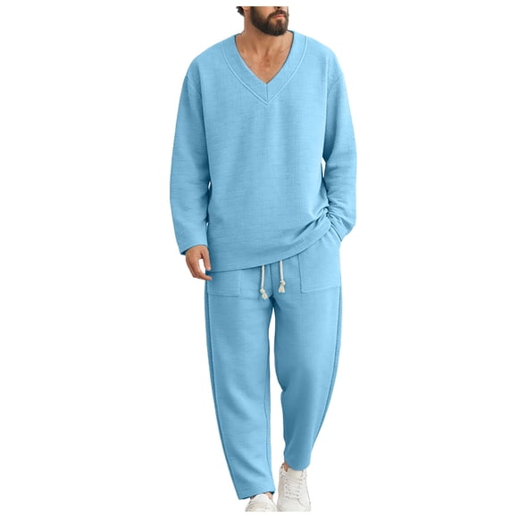 Ketyyh-chn99 Men's Cotton Sweatsuit Set Men's Solid Color Fashion Casual Loose V Neck Long Sleeved Shirt Trousers Set Size for S,Sky Blue