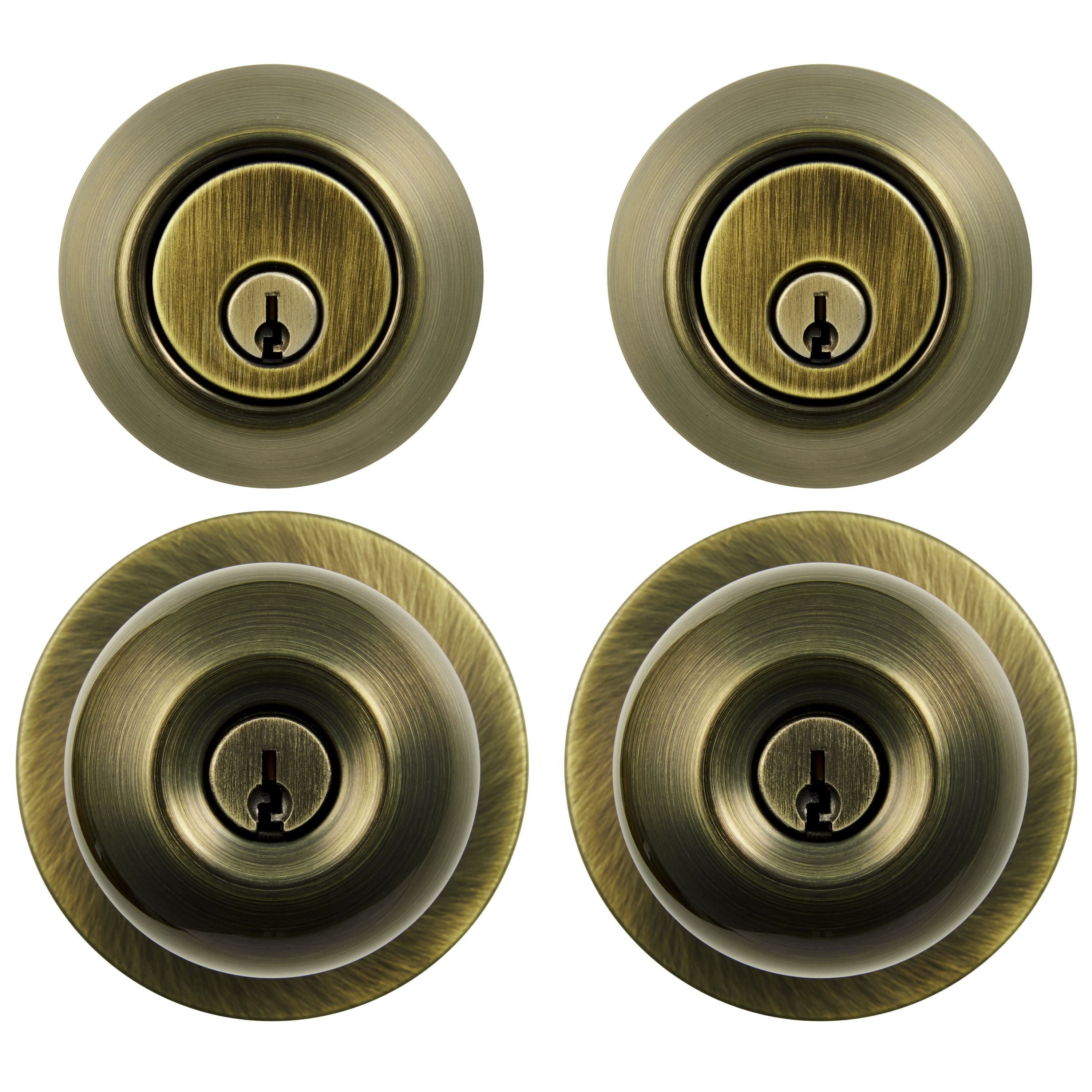 Hyper Tough Keyed Entry Ball Style Doorknob and Deadbolt Combo, Antique Brass Finish, Twin Pack