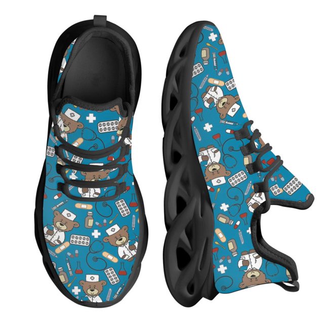 Zapatillas de deporte con cordones para mujer, zapatos planos de enfermería con diseño de oso de enfermera de dibujos animados, calzado para caminar de verano y primavera, unisex para adultos