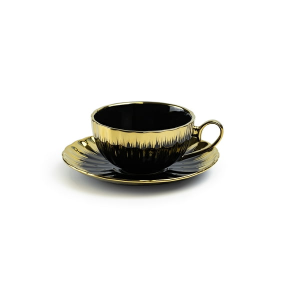 Grace Teaware Black Gold Ripple 6oz Fine Porcelain Cup and Saucer