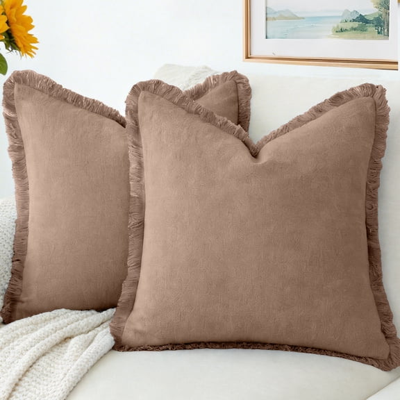Sanmadrola Throw Pillow Covers Decorative Linen Fringe Throw Pillow Covers Cozy Boho Farmhouse Cushion Cover with Tassels Soft Accent Pillowcase for Couch Sofa Bed Living Room Home Decor 2 Set 18X18