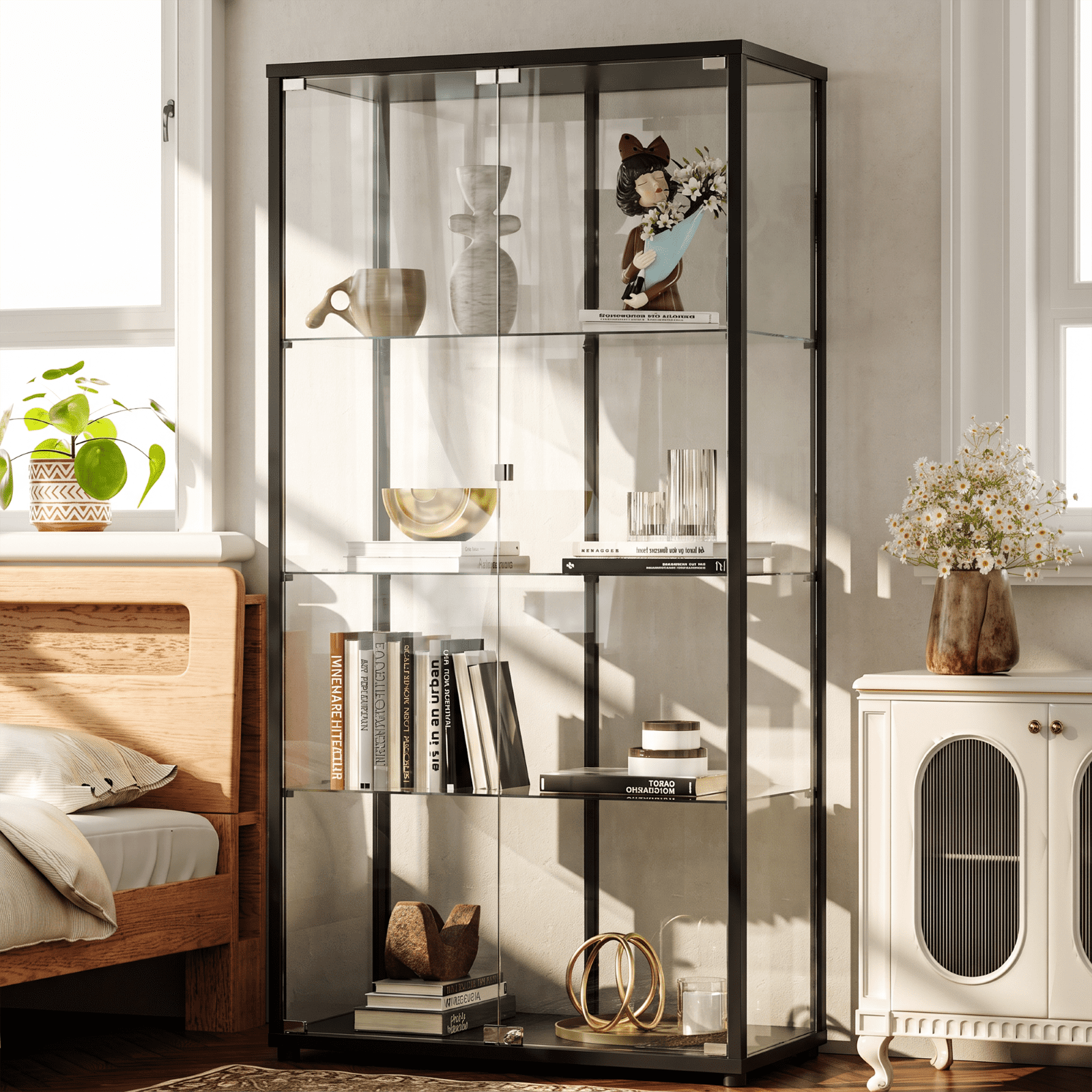 BEAUTYPEAK 4-Tier Display Cabinet with Glass Doors, Double-Door Curio Cases with Aluminum Frame, Black Panels