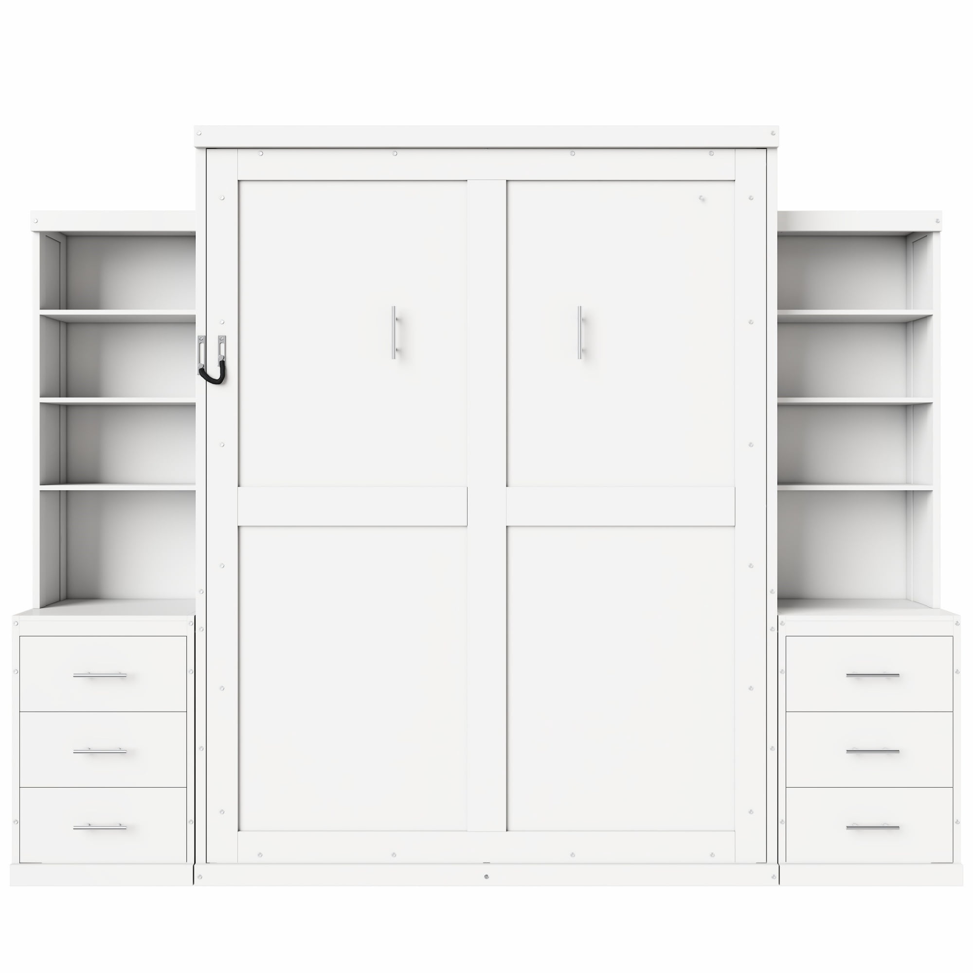 Full Size Murphy Bed with Dual 4 Storage Shelves and 3 Drawers Cabinet for Space-Saving Guest Room