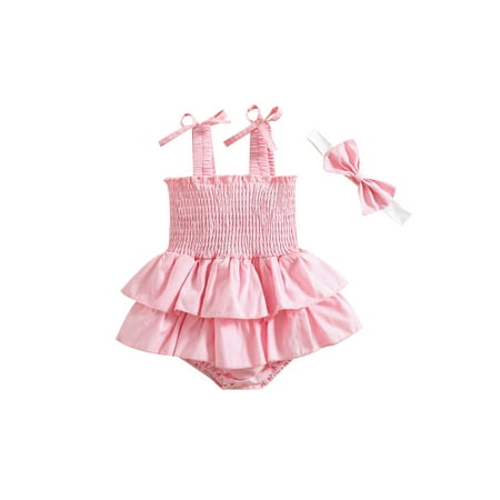 

wdehow Newborn Girl Sleeveless Romper + Bow Headband Solid Color Ruffle Decoration Summer Clothing