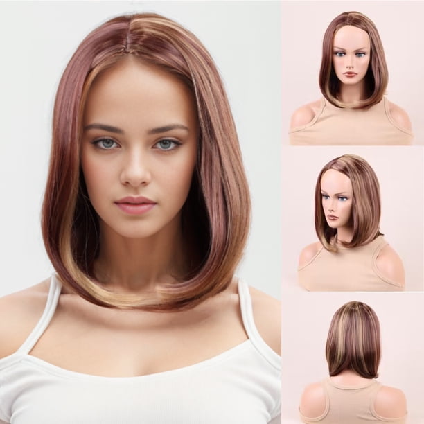 Peluca Femenina Cobertura Completa de Cabeza Moda Degradado Rubia Corta Lisa Cabello Peluca con Botón Interno
