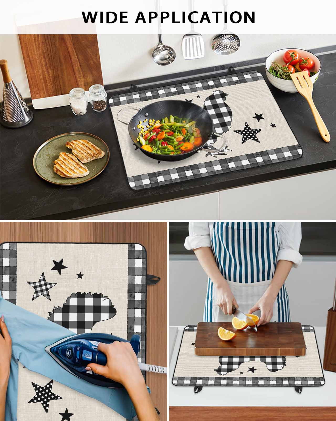 Large Induction Cooktop Protector Mat Chicken Hen Stove Top Covers for Electric Stove, Rooster Animals Farmhouse White Black Plaid Vintage Decorative Stove Burner Cover Mats, Glass Top Stove Cover