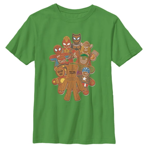 Boy's Marvel Christmas Gingerbread Cookie Heroes Graphic Tee Kelly Green Medium