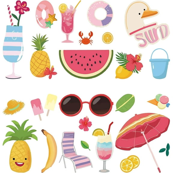 Hawaiian Summer Window Decal 8 Sheets Adhesive Waterproof Watermelon Pineapple Drinks Chairs Tree Decal Stickers for Glass Windows Supplies Home School Office Shop Display Decoration Blue
