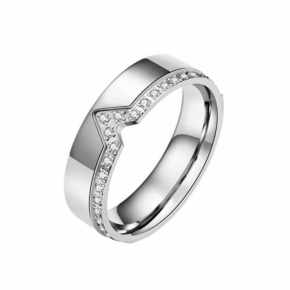 PAMTIER Unisex Stainless Steel 6mm Simple Classic V-Shaped Chevron Single Row Drills Zirconia Inlay Signet Ring Promise Wedding Band Silver Size 5