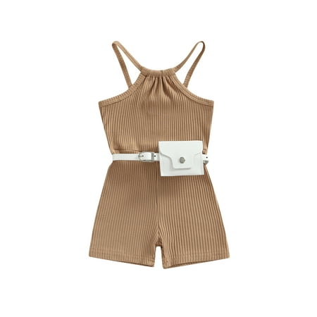 

Suanret Toddler Baby Girl Summer Romper Solid Color Ribbed Sleeveless Sling Shorts Jumpsuit with Belt Bag Nude 3-4 Years