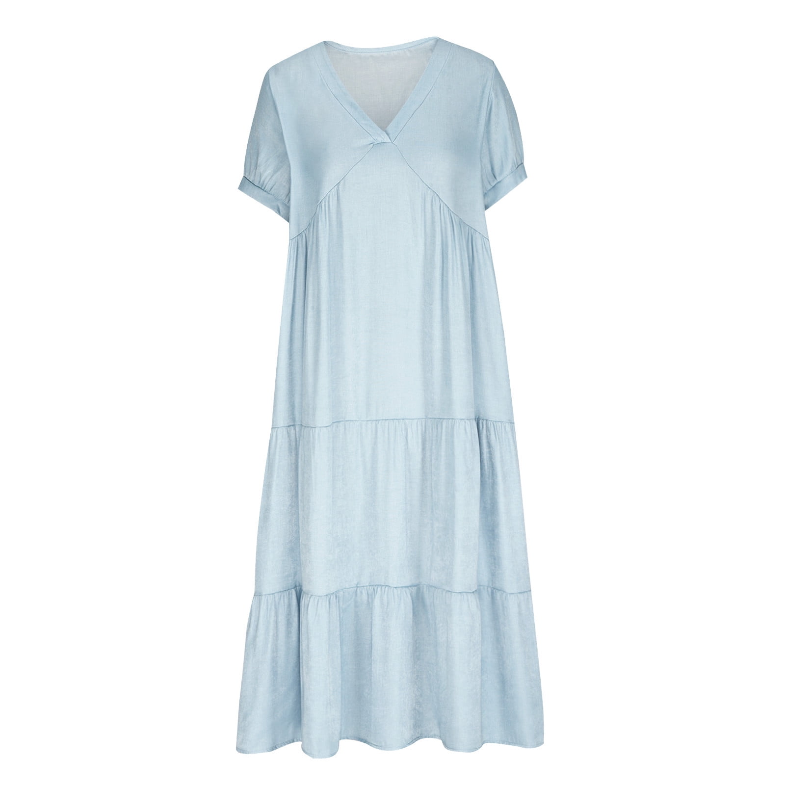 OSFVNOXV Denim Look Dress for Women Plus Size Summer Boho Loose Tiered Maxi Dress Casual V-Neck Flowy A-Line Tunic Shirt Dress,S-5XL