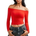 thumbnail image 3 of Crop Tops for Women Off The Shoulder Long Sleeve T Shirts Slim Fit Stretch Soft Base Tee Going Out Club Outfits (XS, Red), 3 of 6