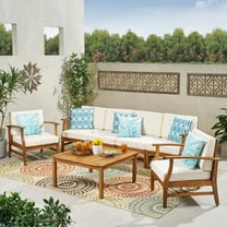 Outdoor 6 Seater Finished Acacia Wood Sofa and Club Chair Set with Cushions,Teak,Cream