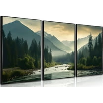 3Pcs Nature Landscape Wall Art Misty Forest Prints Mountain Pictures Dark Green Plant Posters Botanical River Canvas Painting Home Wall Decor for Living Room Bedroom Bathroom 16x24in Unframed
