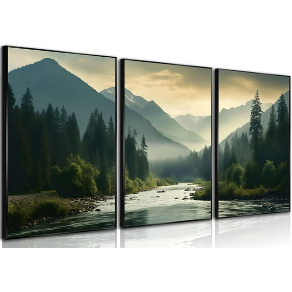 3Pcs Nature Landscape Wall Art Misty Forest Prints Mountain Pictures Dark Green Plant Posters Botanical River Canvas Painting Home Wall Decor for Living Room Bedroom Bathroom 16x24in Unframed