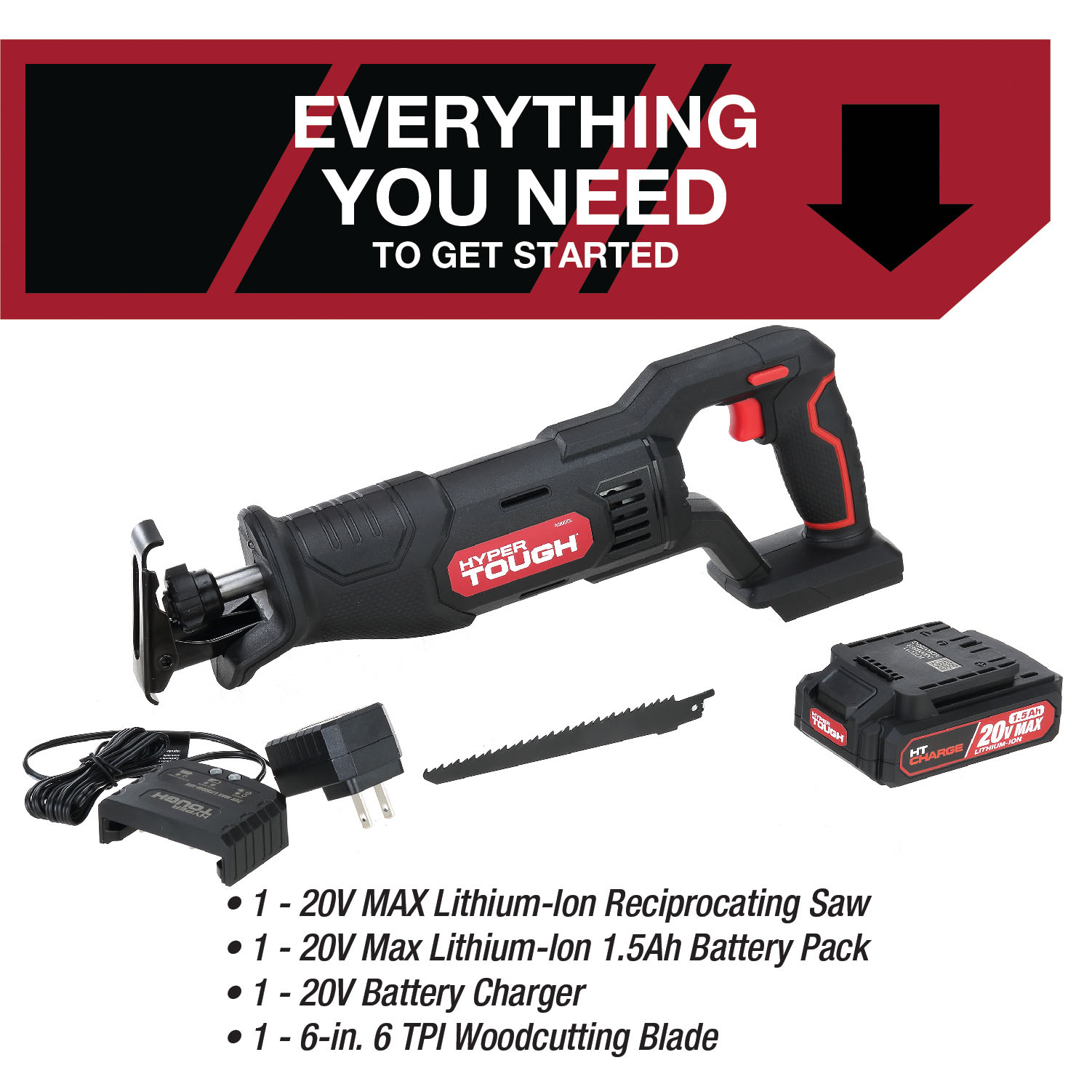 Hyper Tough 20V Max Lithium-ion Cordless Reciprocating Saw, Variable Speed, Keyless Blade Change, with 1.5Ah Lithium-Ion Battery and Charger, Wood Blade and LED Light - image 4 of 28
