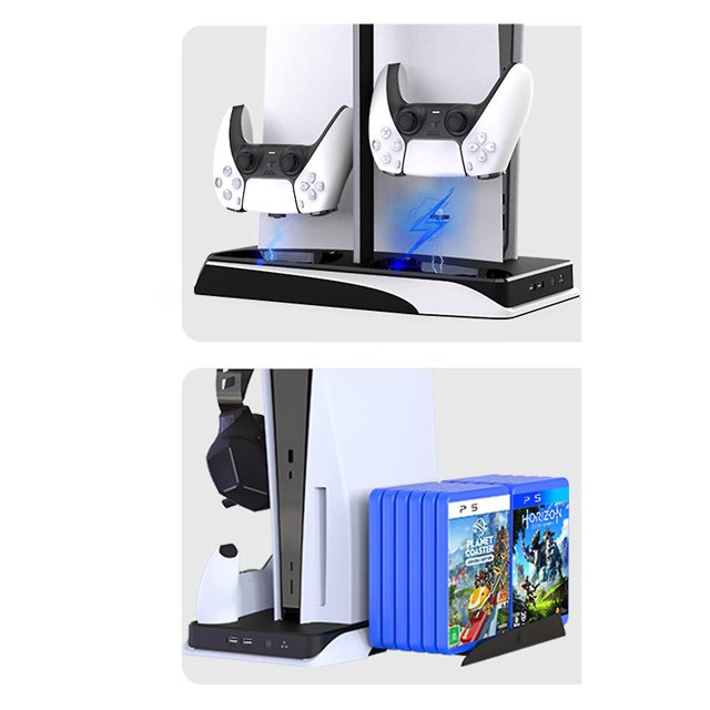 Estación de enfriamiento Ps5 con Rgb, soporte Ps5 con ventilador y cargador de controlador, soporte vertical Ps5 para consola Ps5 con soporte para auriculares, accesorios Ps5 para Pl