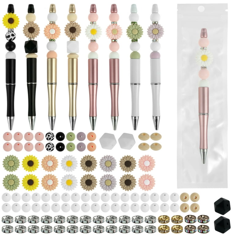 Kyoffiie 140PCS Beadable Pens Kit Daisy Themed DIY Beaded Pens Multicolor  Beads Assorted Bead Pens Black Ink Bead Pens Set Replaceable 