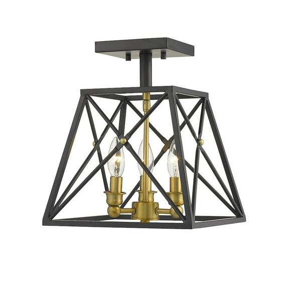 Z-Lite Trestle 3 Light 11" Square Steel Cage Semi Flush Mount in Black and Brass