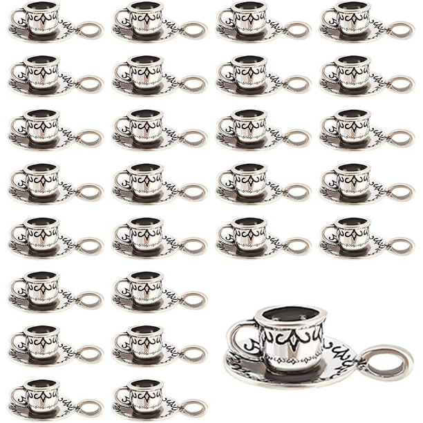 50 colgantes de aleación de estilo tibetano con forma de taza 3D, de plata, para hacer pulseras y collares, ideal como regalo para decoración de cafeterías. Agujero: 2,5 x 4,5 mm.