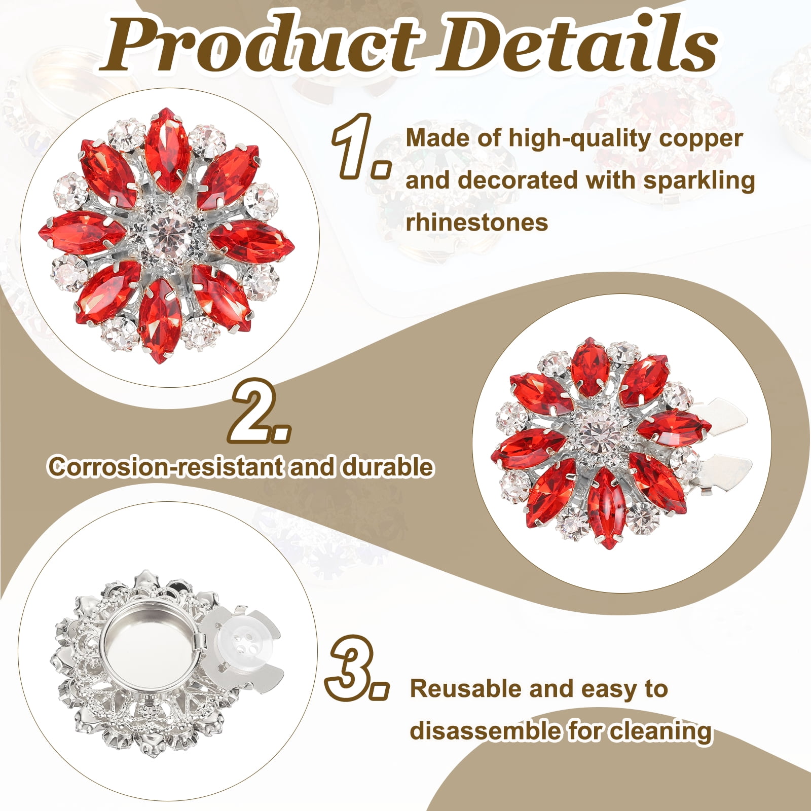 6 Pcs Rhinestone Button Covers Decorative Clips with 10 Pcs White Sewing Buttons Detachable Marquise Sewing Replacement for Women Men DIY Crafts Accessories (Red/Silver)
