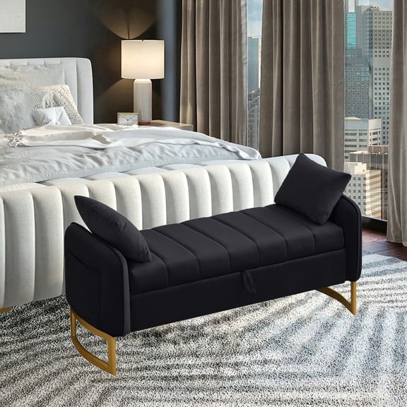BaseBeauty End of Bed Storage Bench, 51" Velvet Queen Size Storage Ottoman Bench with Golden Legs and Two Pillows for Bedroom Entryway, Black