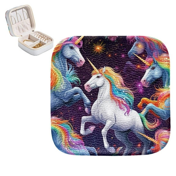 Rainbow Unicorn Square Portable Jewelry Box Organizer for Rings, Earrings, Necklaces, Bracelets, Girls, Women