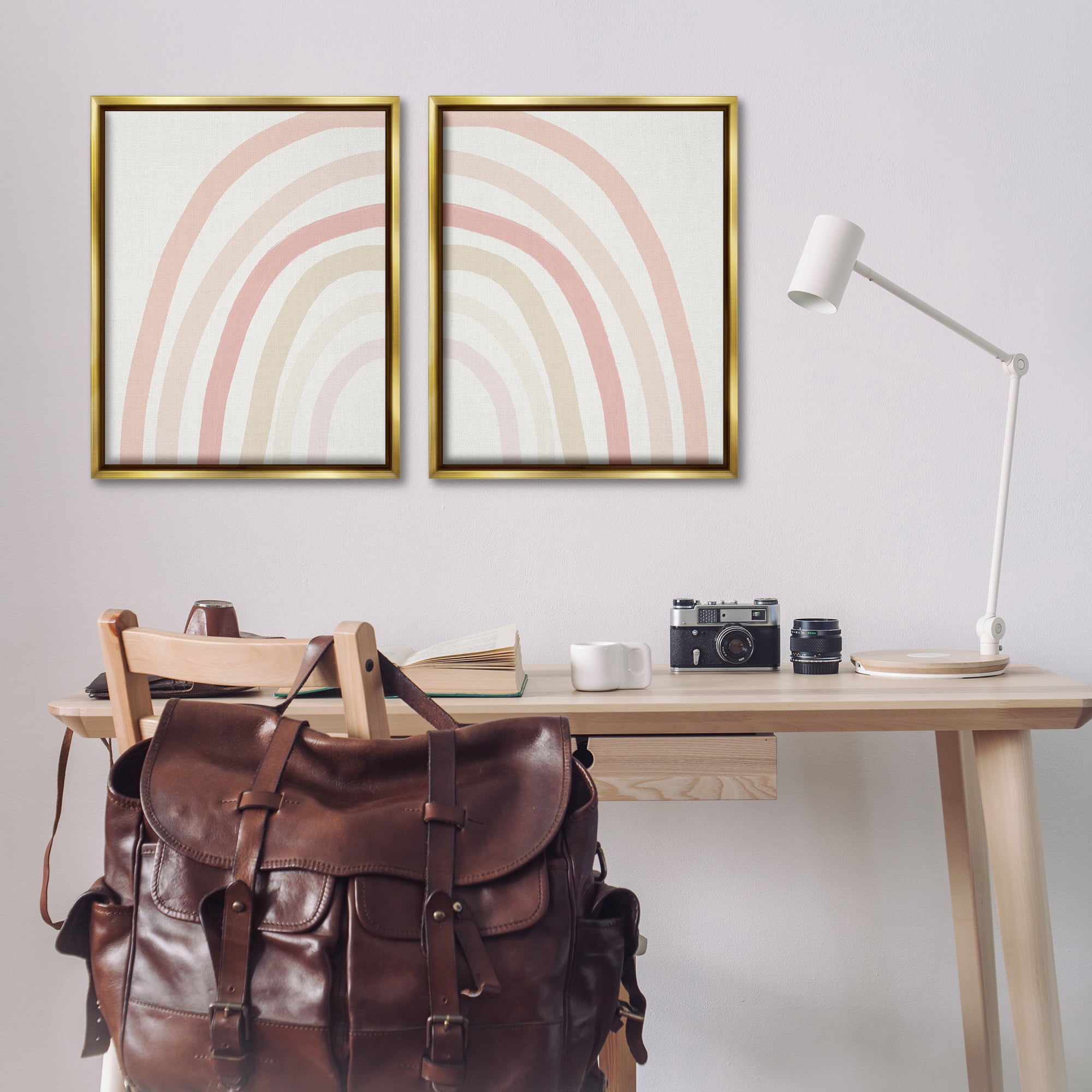 Stupell Industries Children's Soft Pastel Rainbow Shape Landscape Painting Gold Floater Framed Canvas Art Print Wall Art, 25 x 31, Set of 2