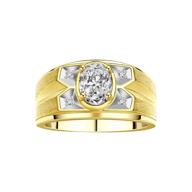 RYLOS Men's Rings 14K Yellow Gold Rings Classic Designer Style 8X6MM Oval Gemstone & Diamond Ring White Topaz April Birthstone Rings For Men Size 9