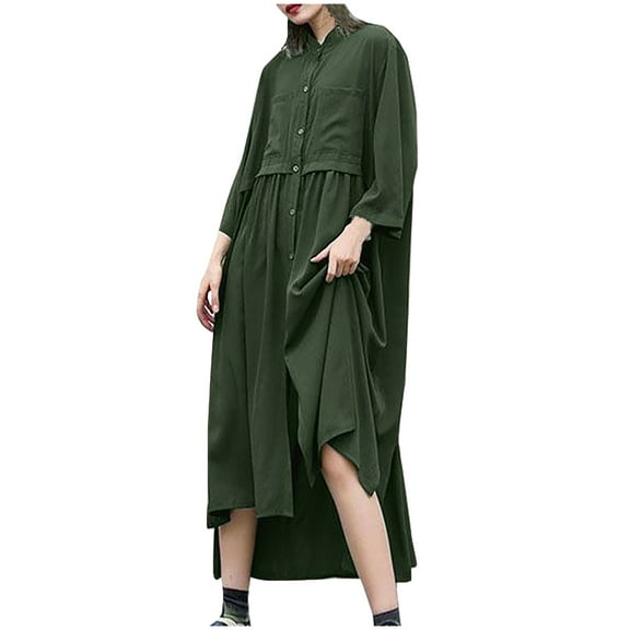 Womens Solid Color Button Cardigan High Waist Casual Long Dress Loose Long Sleeve Shirt Lounge Maxi Dress
