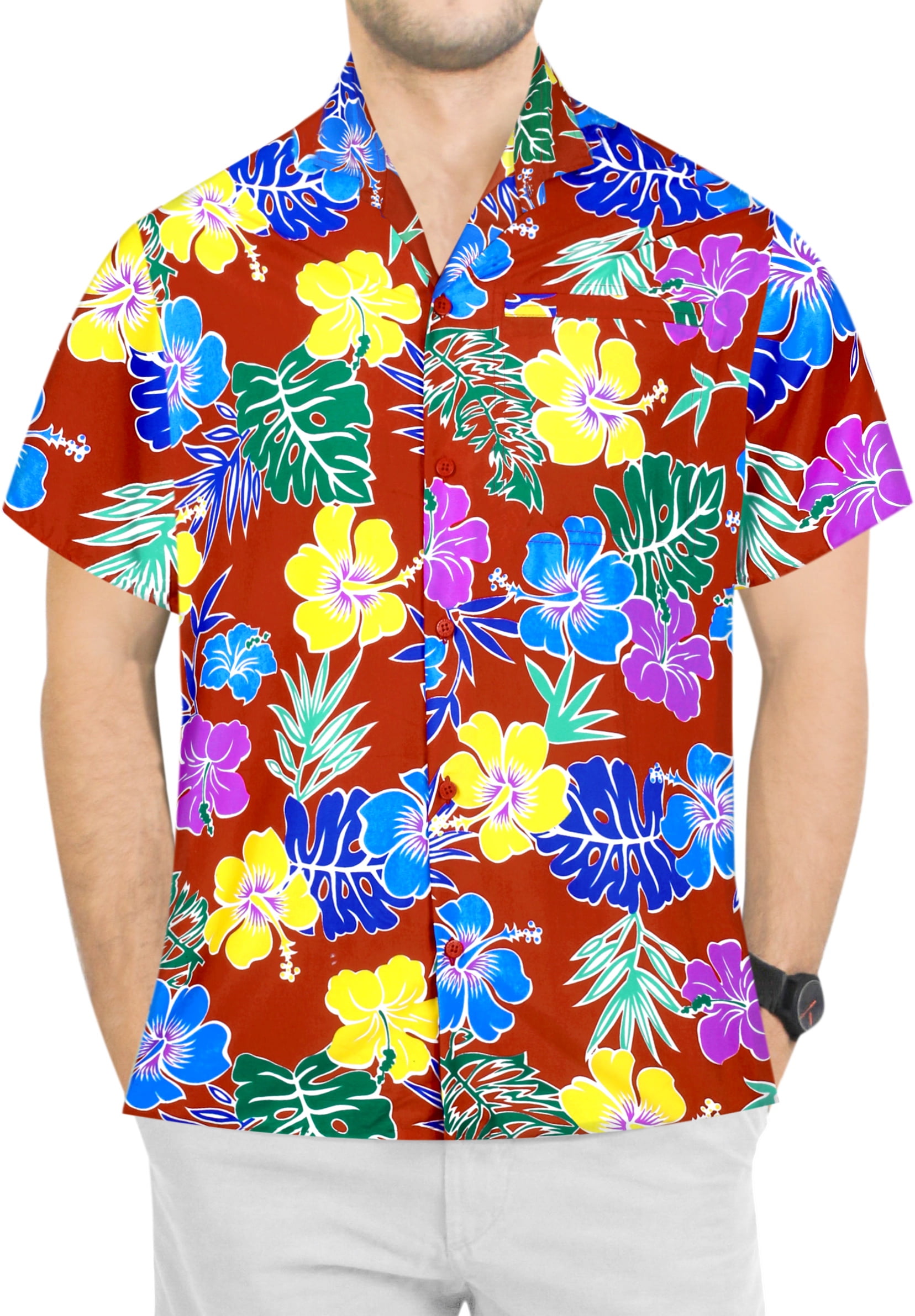 EELa Mens Short Sleeve Printed Floral Flower Casual Button Down Shirt Summer Hawaiian 