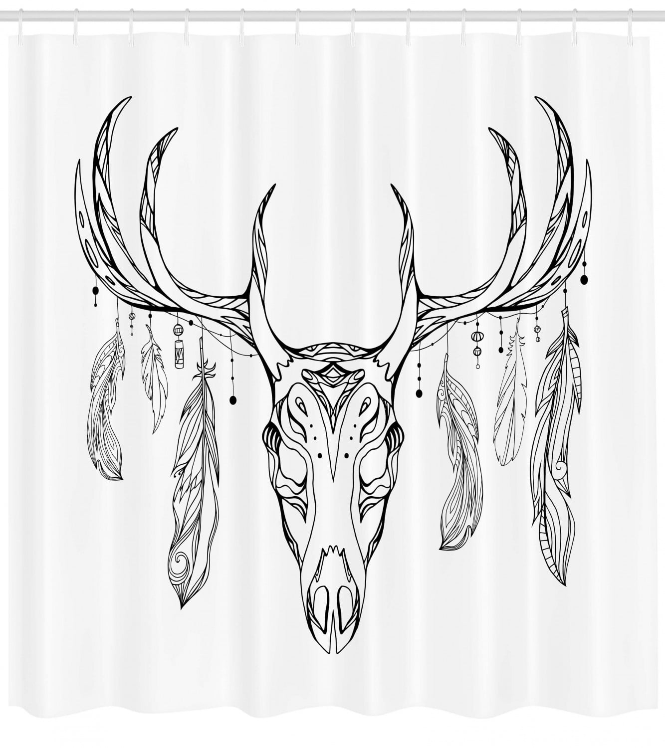 Antlers Shower Curtain Illustration Of A Deer Skull With Antlers And Feathers Boho Pattern Tribal Fabric Bathroom Set With Hooks Charcoal Grey White By Ambesonne Walmart Com Walmart Com