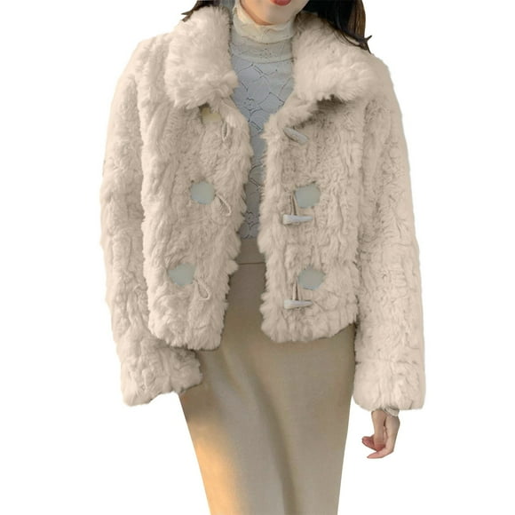 Cameland Faux Fur Coats for Women's Turn Collar Cropped Winter Warm Outwear Casual Jacket