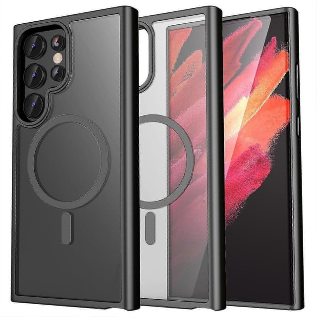 Magnetic Phone Case Compatible with Samsung Galaxy S24 Series, Anti-Fingerprints Black Frosted Back Cover Camera Protection Shockproof Case with Wirel