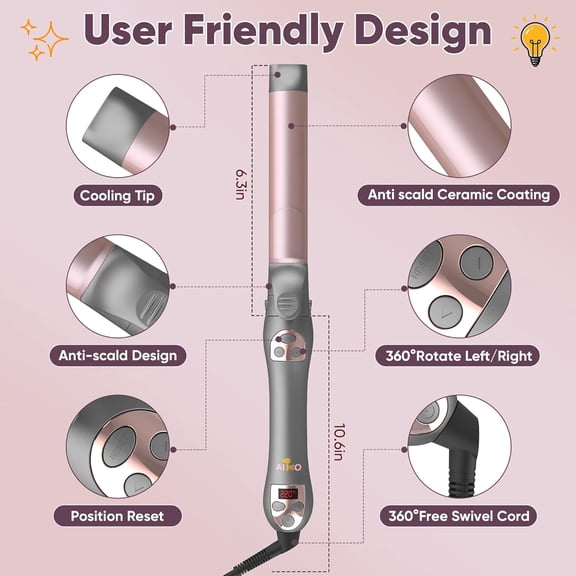 3-in-1 Automatic Rotating Curling Iron & Thermal Brush Set with Interchangeable Ceramic Barrels, Heat-Up, 6 Heat Settings for All Hair Types