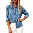 thumbnail image 4 of Denim Shirt Women Vintage Washed Solid Oversized Loose Button-Down Long Sleeve Casual Blouse Top with Single Pocket(Blue,M), 4 of 8