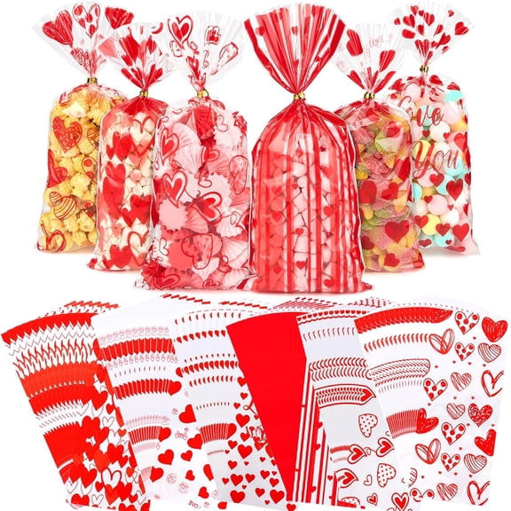 Candy Cellophane Gift Bags,Bexikou 120 Pcs Valentine's Day Cellophane Treat Bags,Clear Heart Goodie Candy Snack Bags for Kids Adults Party Favor Supplies