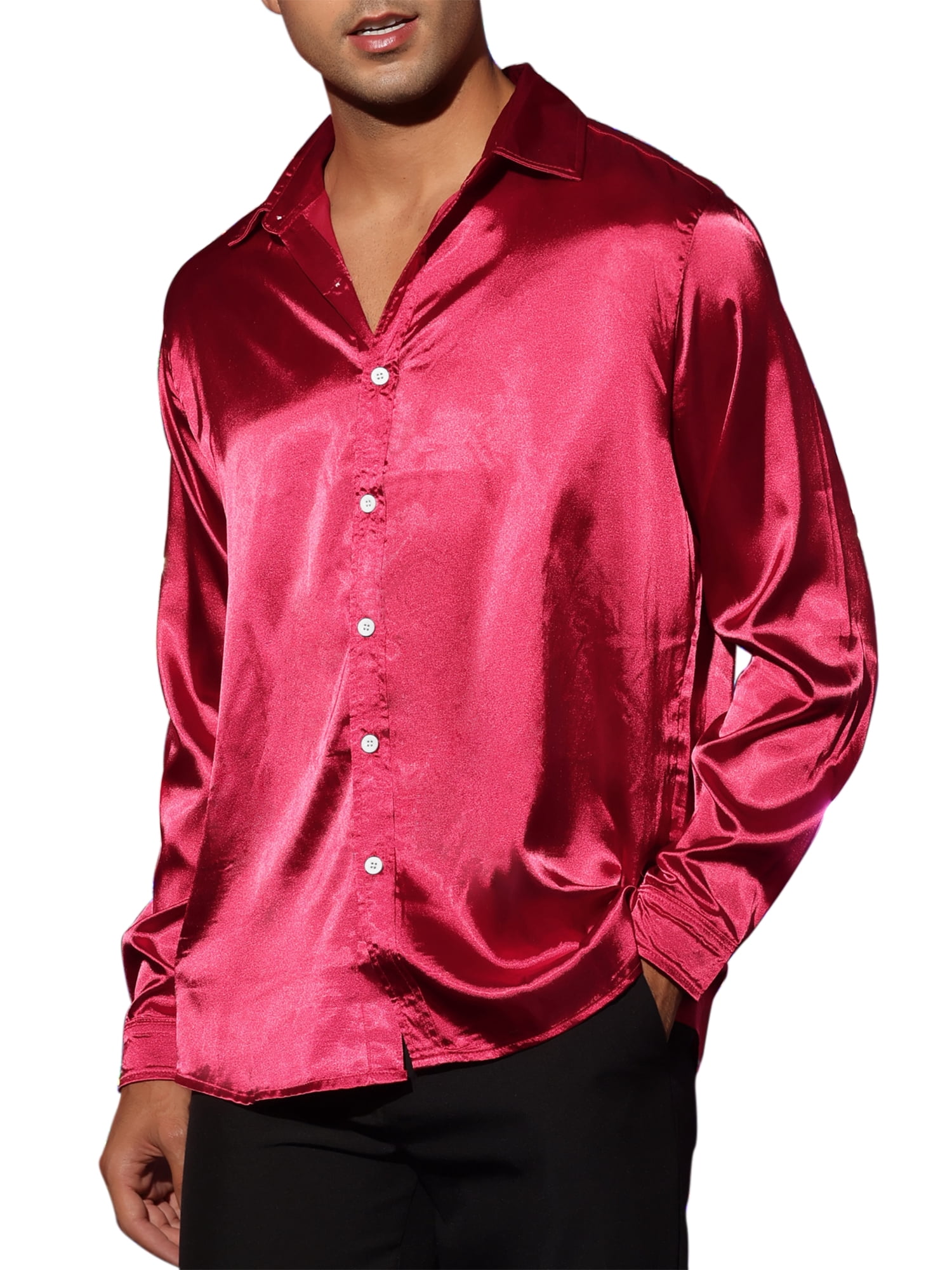 Unique Bargains Men's Satin V Neck Long Sleeves Button Down Prom Shirts XL Burgundy