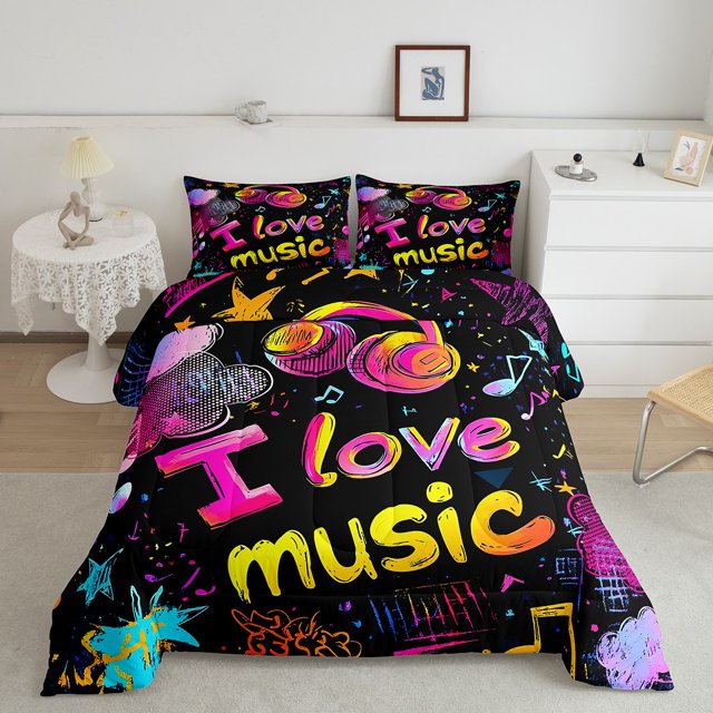 Erosebridal Disco Music Bedding Twin Comforter Set, Musical Note Down Comforter, Colorful Graffiti Decor, Lightweight 2pcs