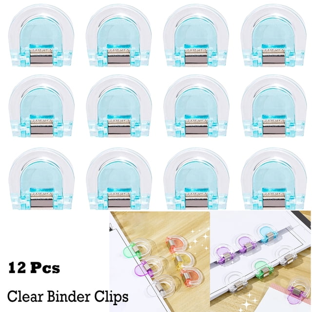 Lksixu 12 Pcs Clear Binder Paper Clips, Small Plastic Paper Clamps, Multi-Functional File Organizing Clips, Reusable Snack Bag Sealing Clips Colorful Spring Clips Office Supplies, Blue