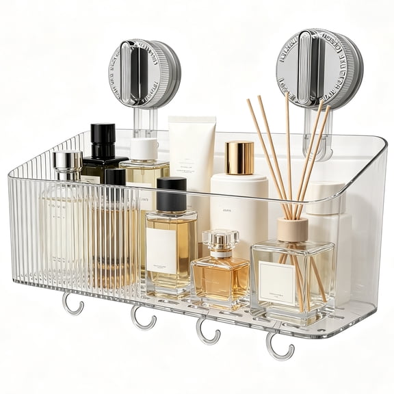 Suction Cup Shower Caddy, Clear Transparent Shower Shelf with Drainage Hole & Removable Hooks, No Drill Wall‑Mounted Bathroom Organizer for Bathroom, Kitchen, Toilet