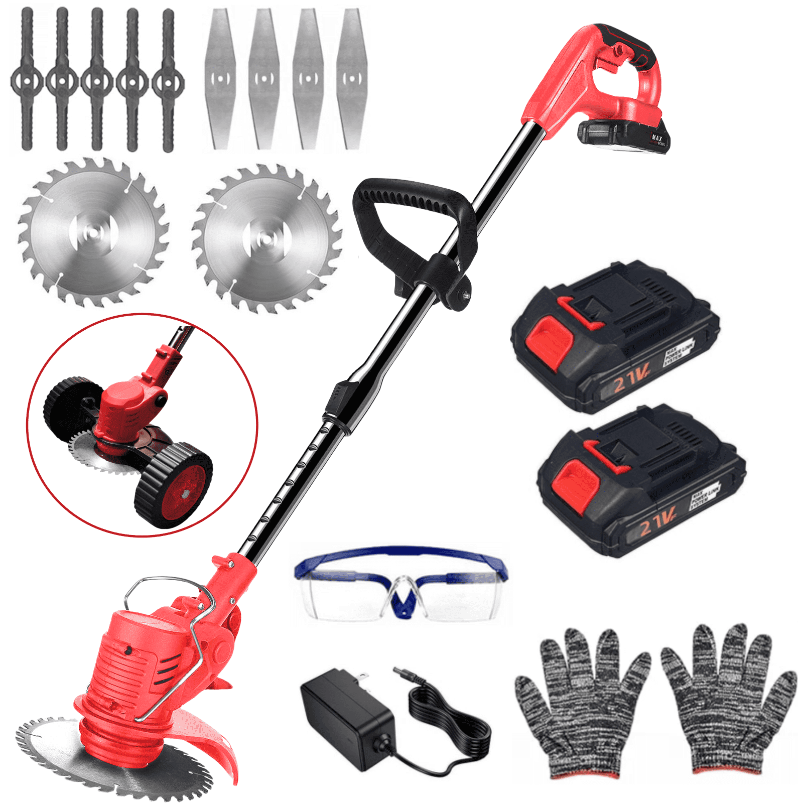 JLLOM Electric Weed Eater, Weed Wacker 3 in 1 Cordless Push Lawn Trimmer with Wheels Weed Eater Tool with Adjustable Handle 3 Function Blades Weed Eater Brush Cutter for Yard and Garden (Red)
