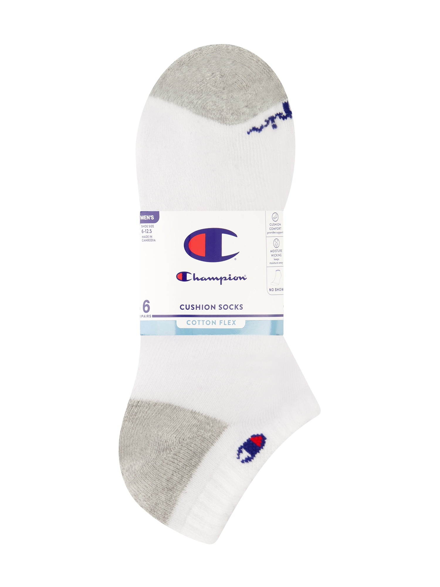 Champion Men’s No Show Socks 6 Pack – Half Terry Cushion, Moisture-Wicking, Arch Support, Stretch Comfort, Sizes 6–12.5