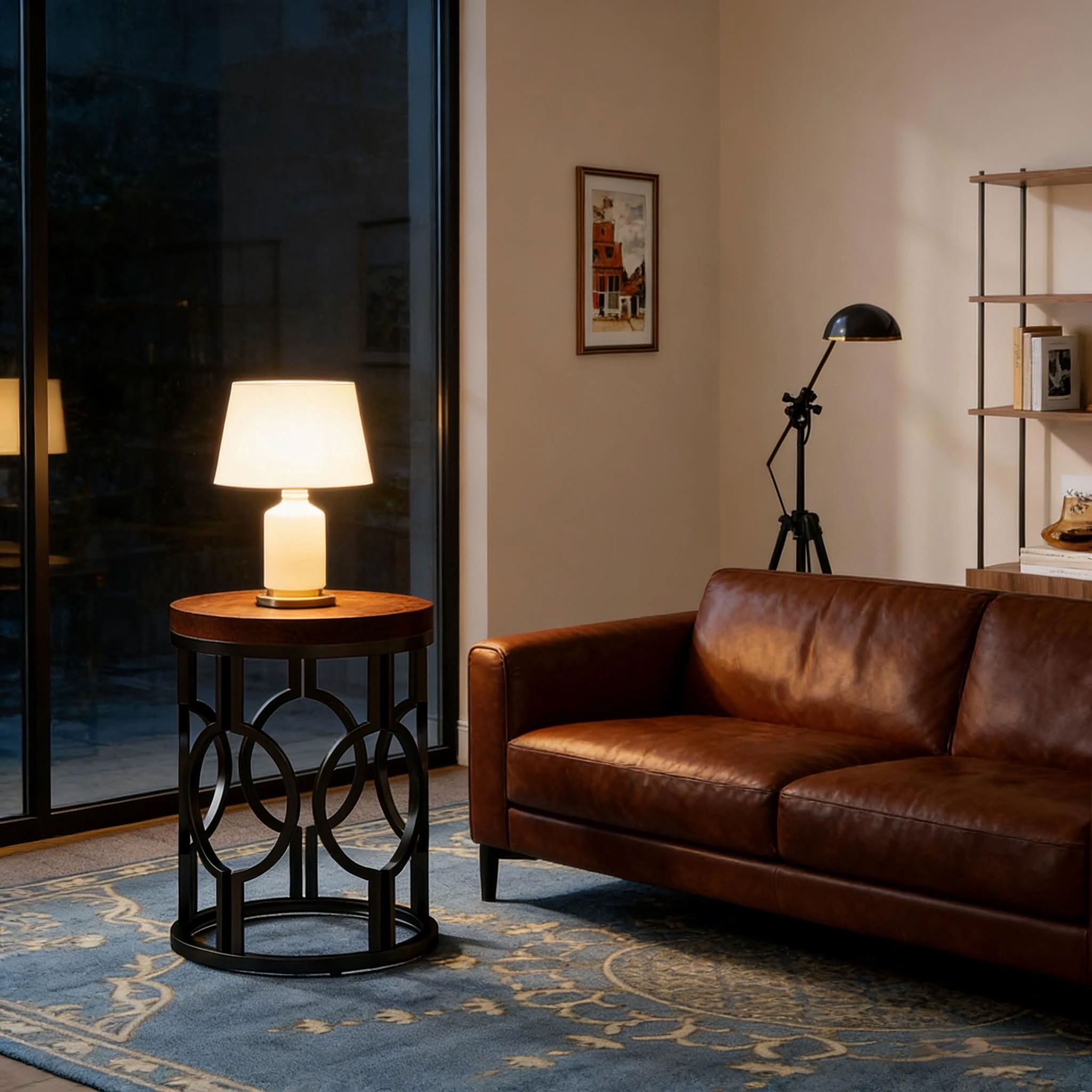 MAYEERTY Round End Table, Industrial Side Table with Metal Hollow Frame, for Living Room, Bedroom, Small Spaces