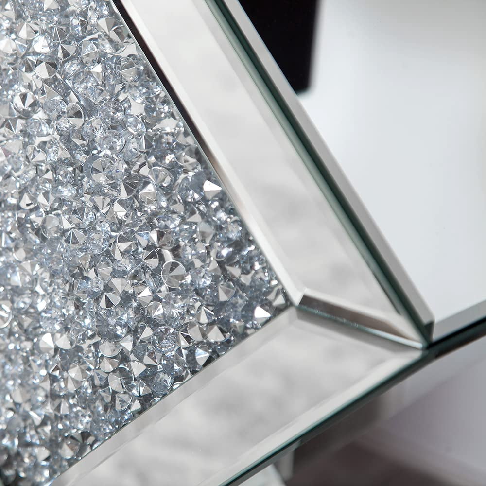 SHYFOY Mirrored End Table with Crushed Crystals Inlay, Sofa Table Modern Side Table Silver Accent Table for Living Room