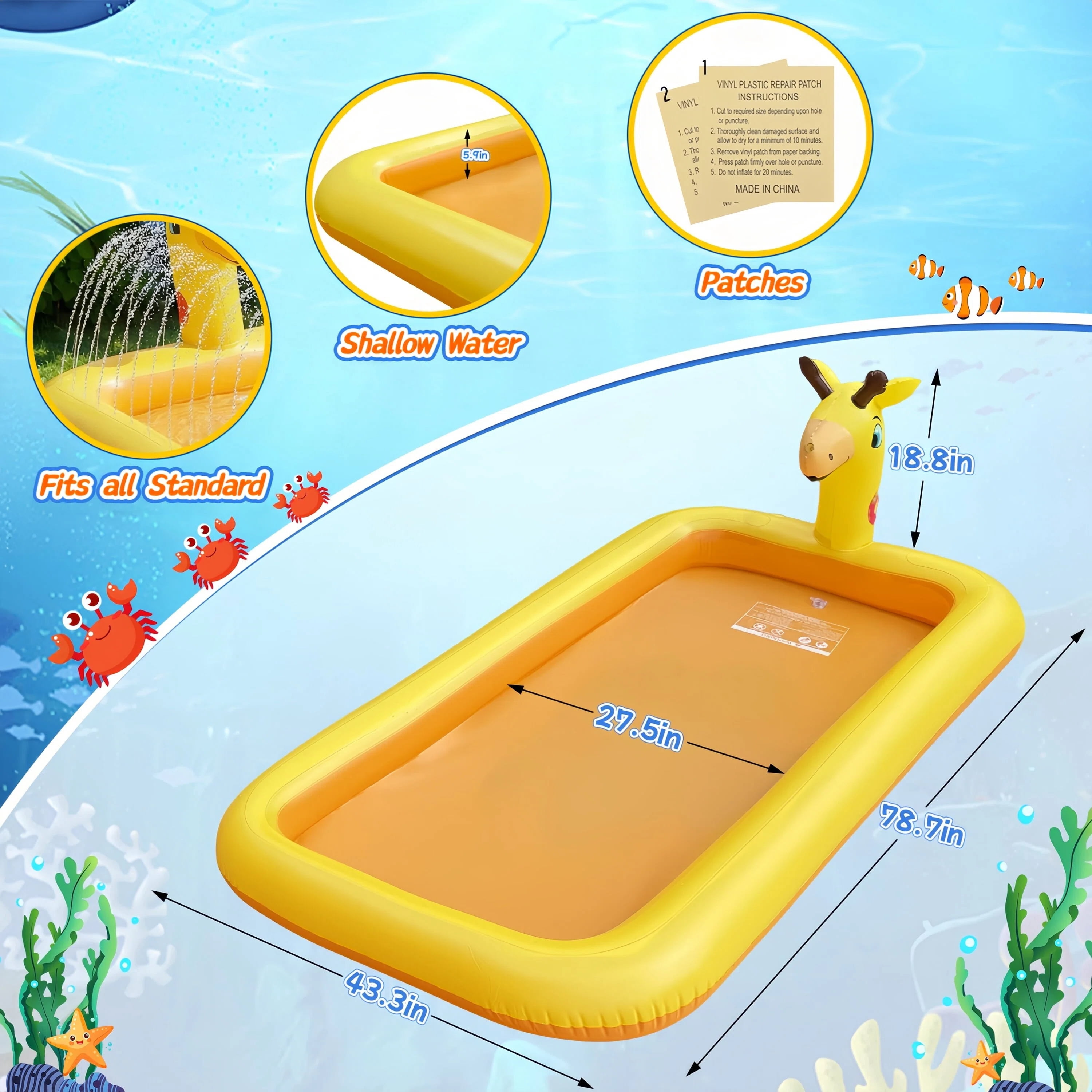 Teblint Giraffe Inflatable Pool, 78.74"x 43.3" x 5.9" Sprinkler Swimming Pool, Spray Kiddie Pool, Play Center Water Toys for Backyard Lawn, Above Ground, Outdoor