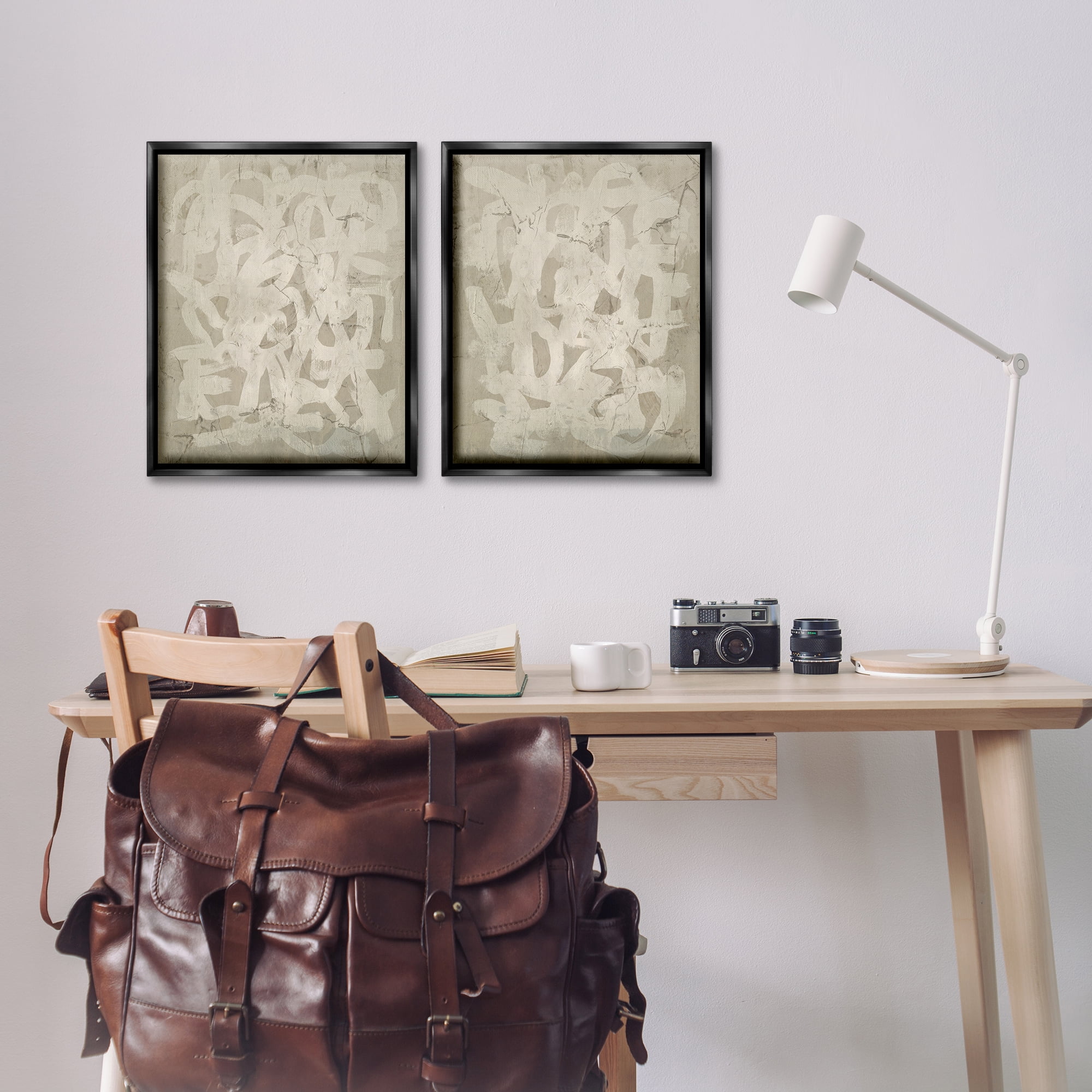 Stupell Industries Beige Neutral Brutalist Style Abstract Painting Black Floater Framed Canvas Art Print Wall Art, 17 x 21, Set of 2