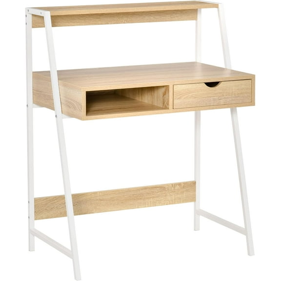 Hyxoo Home Office Desk, Computer Desk with A Frame for Small Spaces, Writing Table with Drawer and Storage Shelves, Natural