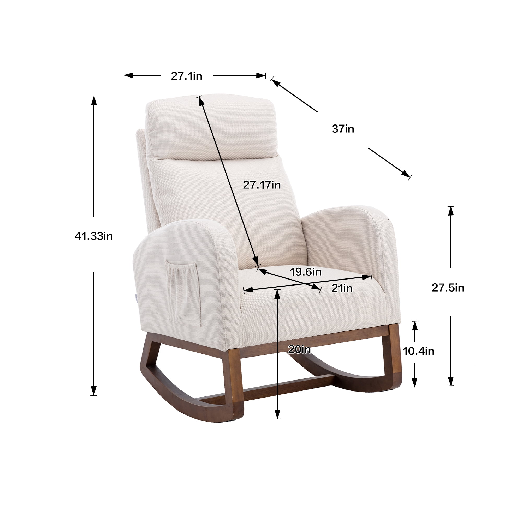 Rocking Chair, Modern Glider Chair, Recliner Armchair with Wood Legs and Side Pocket, Nursery Rocking Accent Chair with High Back for Living Room Bedroom, Beige