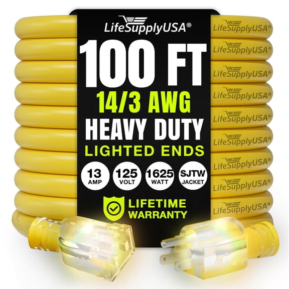 LifeSupplyUSA 100FT Yellow Extension Cord 14/3 Gauge, Heavy Duty 3 Prong Power Cord, Waterproof, Flexible, SJTW, 13A 125V 1625W - For Indoor/Outdoor
